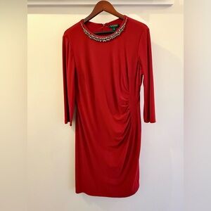 Lauren Ralph Lauren Red Long Sleeve Dress with Embellished Neckline